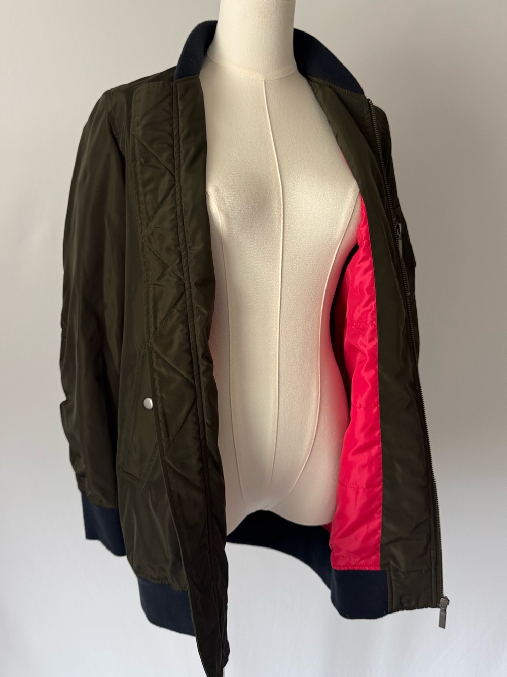 Abound Longline Bomber Jacket XXS Olive Green Navy Rib Hot Pink Lining
